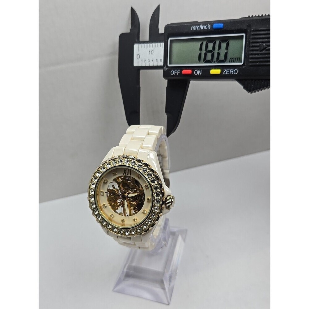 Womens Rare Adrienne Beige Ceramic Skeleton Crystal Bezel Manual Wind Watch - Picture 6 of 11
